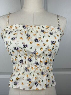 Divided H&M White Floral Smocked Cami Top with Yellow & Purple Flowers